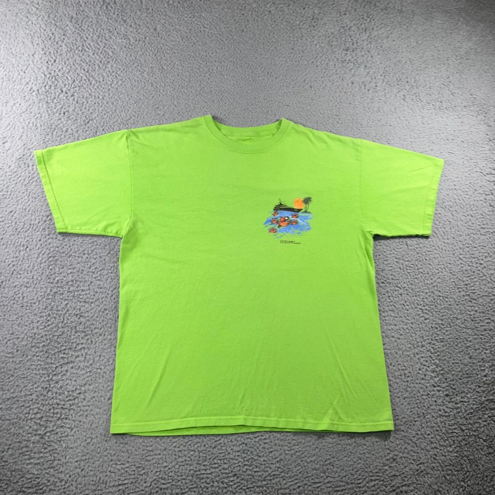 Pirana Joe Graphic T-Shirt Mens XL Cozumel Mexico Neon Green Cruise Ship Piranha